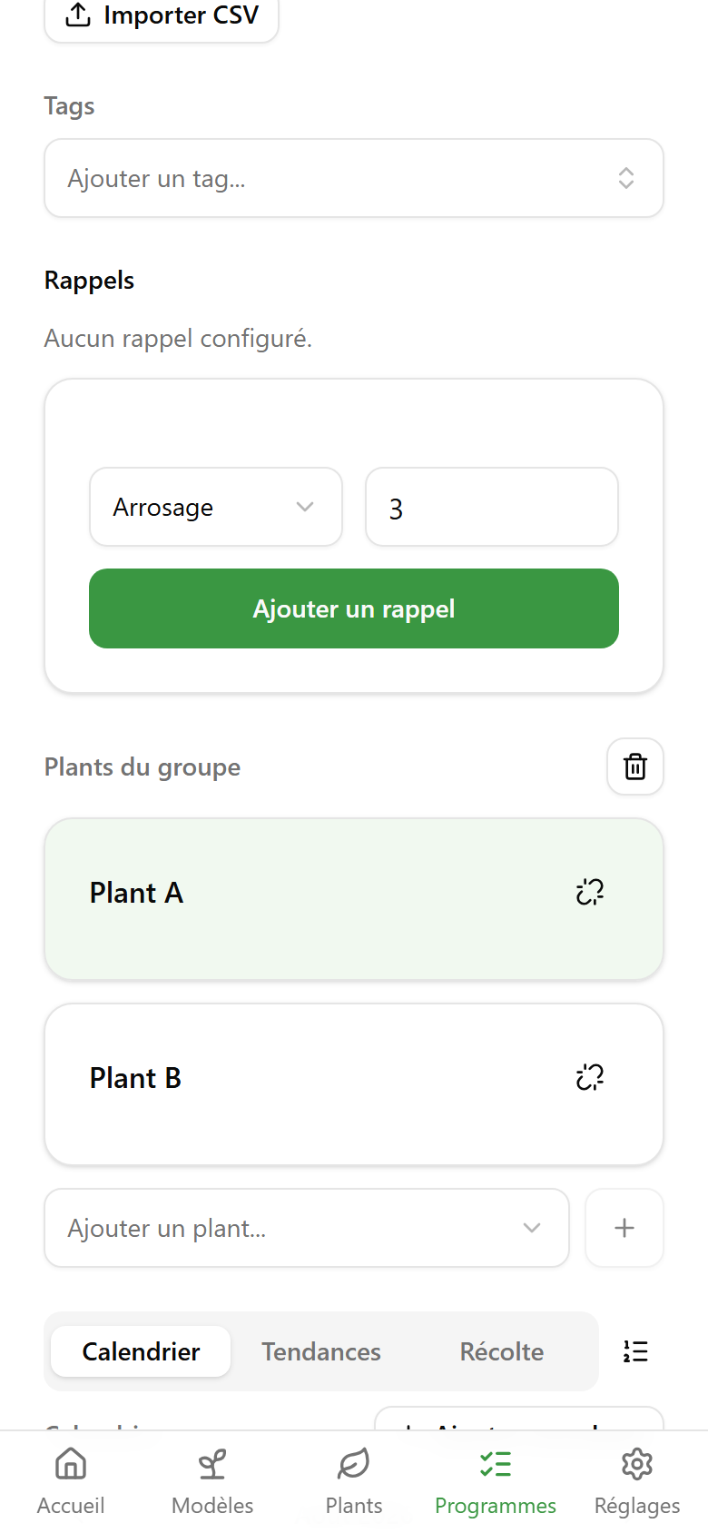 Grouped cultivation program with its plants and phase bar