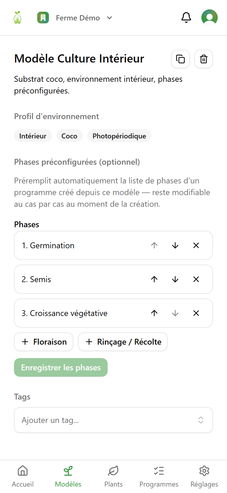 Detail of a cultivation template with its preconfigured phases